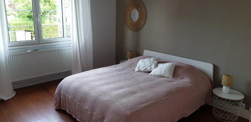 una camera con un letto con due cuscini sopra di NOUVEAU !!! Appartement cosy tout confort à deux pas de Strasbourg a Schiltigheim