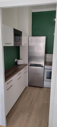 La cuisine est équipée d'un réfrigérateur et d'un mur vert. dans l'établissement Appartement ensoleillé, à Perpignan