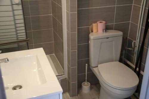 une salle de bain avec des toilettes blanches et un lavabo dans l'établissement Studio 23, Héliopolis L, village naturiste,, au Cap d'Agde