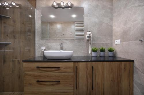uma casa de banho com um lavatório e um espelho em Morski Apartament em Sarbinowo