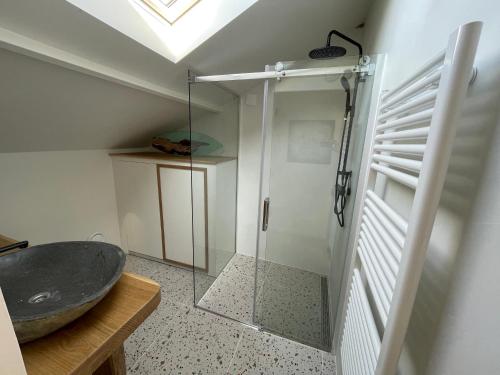 NietapにあるB&B Unieksのバスルーム(洗面台、ガラス張りのシャワー付)