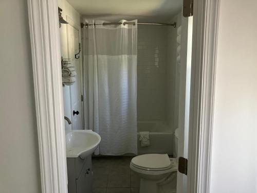 a bathroom with a toilet and a sink and a shower at Cape cottage inn in Cape May