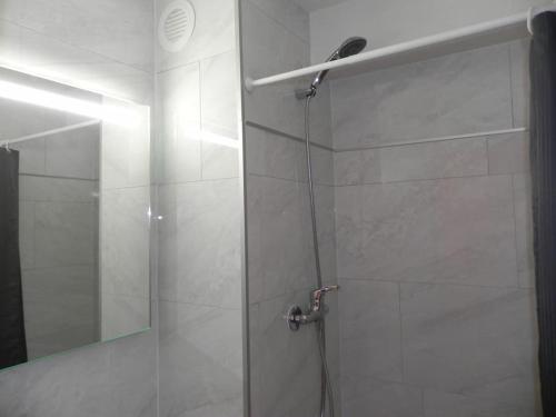 une douche avec une porte vitrée dans une salle de bain dans l'établissement Magnifique studio avec loggia, au Grau-du-Roi