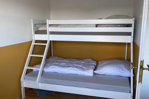 two bunk beds in a room with a ladder at Spreewaldhaus Raddusch, Boote- Fahrräder gratis in Raddusch