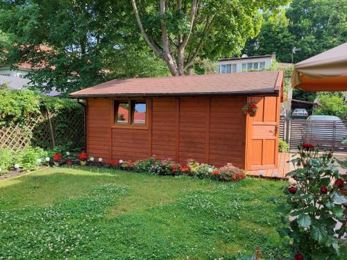 a small red shed with a yard at Domek in Świnoujście