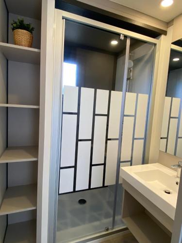une salle de bain avec douche et lavabo dans l'établissement Cottage parc résidentiel de loisir, à Saubrigues