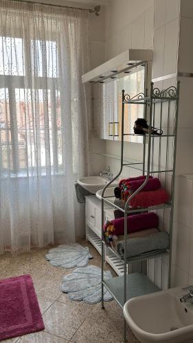 een badkamer met een wastafel en een plank met handdoeken bij Le Papillon de Bohème in Praag