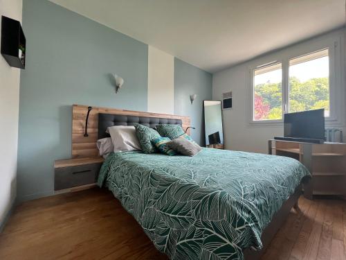 a bedroom with a bed with a green comforter and a television at Maison avec jardin centre ville in Saint Lo
