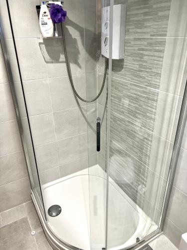 a shower with a glass door in a bathroom at Pixie Cottage in Stoborough
