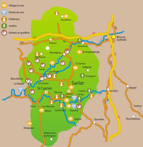 Une carte de la Zzere avec les routes et les autoroutes dans l'établissement L'Olivier Maison de village avec jardin au calme pour 6 pers, à Saint-Cyprien