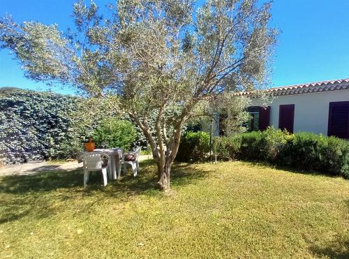 Una mesa y sillas junto a un árbol en un patio. en PS1-A pochi passi dal mare - Baja Sardinia, en Baja Sardinia