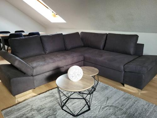 a living room with a brown couch and a table at Zentrale Wohnung in Crailsheim in Crailsheim