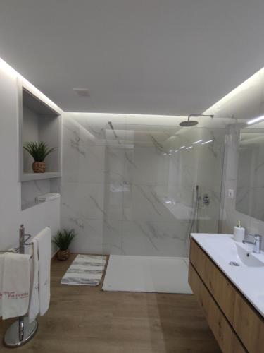 a white bathroom with a shower and a sink at Hotel de Charme Casa Fundevila in Vila Verde