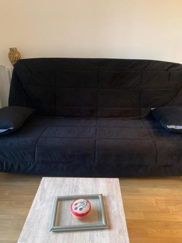 un salon avec un canapé noir et une table dans l'établissement Studio renovated in the heart of Paris, à Paris