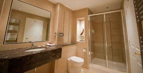 y baño con aseo, lavabo y ducha. en Corr's Corner Hotel, en Newtownabbey