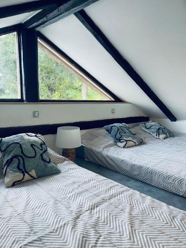 two beds in a room with two windows at Apartma Tany in Ljubljana