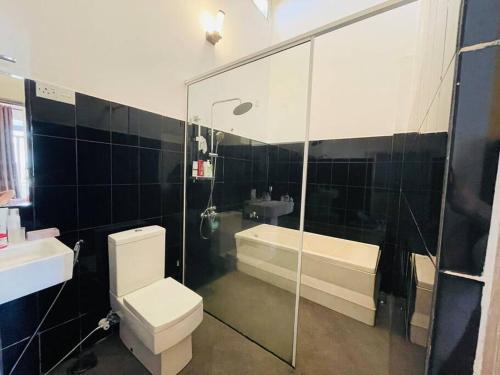 La salle de bains est pourvue de toilettes, d'un lavabo et d'une douche. dans l'établissement 3 Bedroom House available for short/long term, à Battaramulla