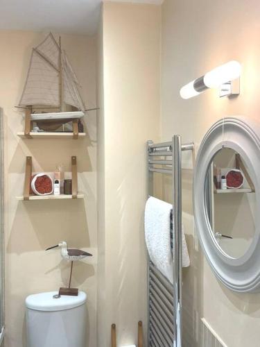 a bathroom with a sink and a toilet and a mirror at Sunny View in Aberystwyth