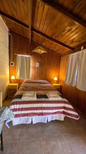 ein Schlafzimmer mit einem großen Bett in einem Holzzimmer in der Unterkunft MONOAMBIENTE Pasaje de la Paz in San Martín de los Andes