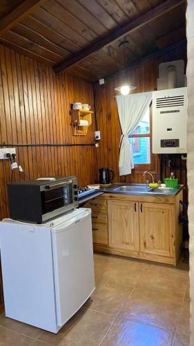 eine Küche mit einem Kühlschrank und einer Mikrowelle in der Unterkunft MONOAMBIENTE Pasaje de la Paz in San Martín de los Andes