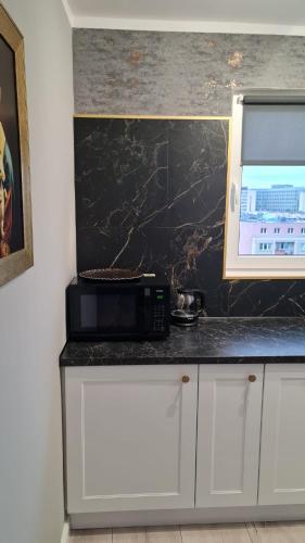a microwave sitting on top of a kitchen counter at Apartament plac Żołnierza Szczecin Polska in Szczecin