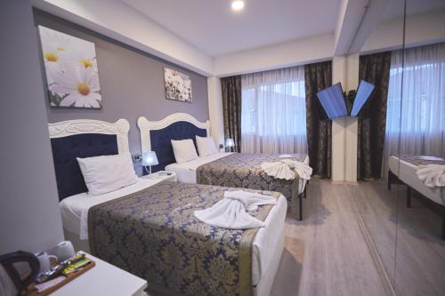 イスタンブールにあるAlbatros Hagia Sophia Hotelのベッド2台とテーブルが備わるホテルルームです。