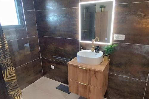 a bathroom with a sink and a mirror at Gîte Aux Bons Voisins in Gordes