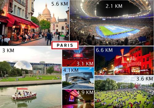 un collage de photos montrant différentes villes et événements dans l'établissement Auberwood - Cozy apartment near Paris !, à Aubervilliers