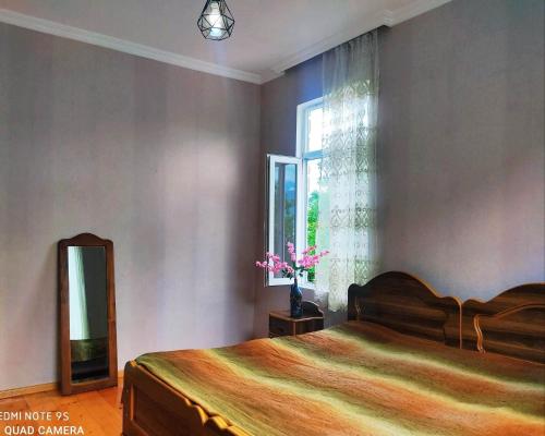 een slaapkamer met een bed, een spiegel en een raam bij Grandmother Naziko in Vani