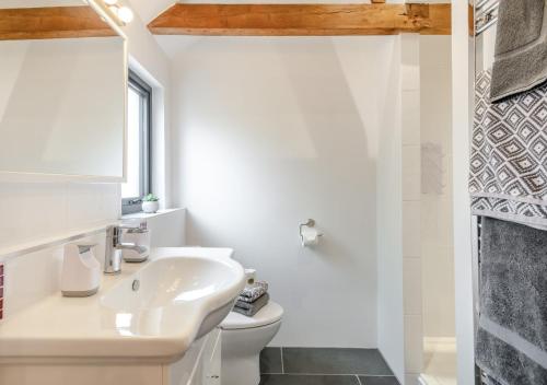 a white bathroom with a sink and a toilet at The Cattle Barn in Wood Dalling