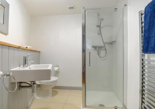 a bathroom with a shower and a toilet and a sink at Vine Cottage in West Runton