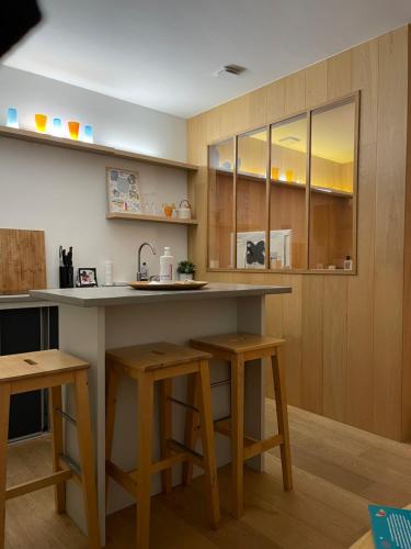 萊格卡弗爾雷的住宿－La pointe Cap ferret，厨房配有柜台和一些木制橱柜。