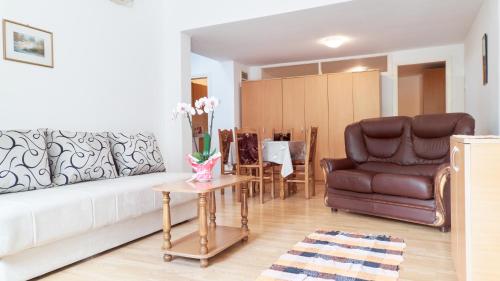a living room with a couch and a chair at Janković Apartmani u centru in Soko Banja