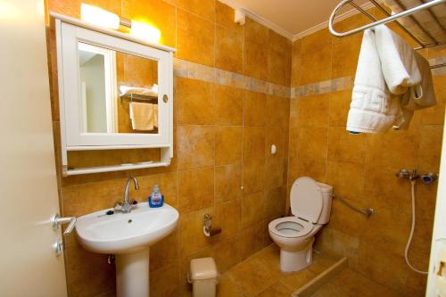 a bathroom with a sink and a toilet and a mirror at Anesis Hotel in Loutra Edipsou