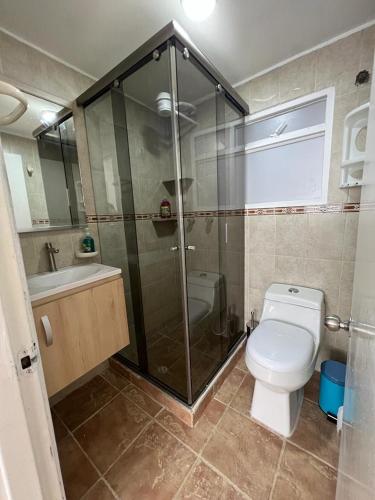 a bathroom with a shower and a toilet and a sink at Aparta-estudio Ciudad Jardin Norte 202 in Bogotá