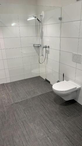 a bathroom with a toilet and a glass shower at Hotel Tschuggen Davos in Davos
