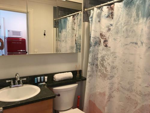 a bathroom with a toilet and a sink and a shower at Jonathan's Ocean Front Studio Suites Hampton Beach! in Hampton