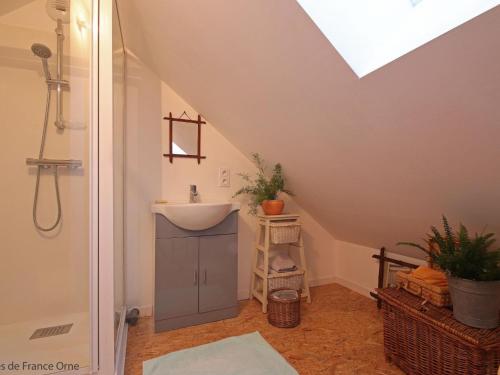 uma casa de banho com um lavatório e um chuveiro em Gîte Dompierre, 5 pièces, 14 personnes - FR-1-497-132 em Dompierre