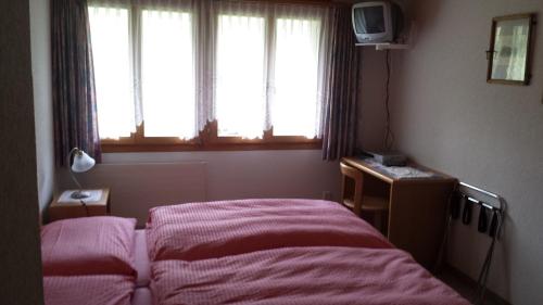 sypialnia z łóżkiem, telewizorem i oknem w obiekcie Gastwirtschaft Hornbach-pinte w mieście Wasen