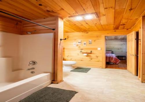 a bathroom with a tub and a toilet and a sink at Lazy Bear Cabin near Nantahala Outdoor Center and Bryson City in Bryson City