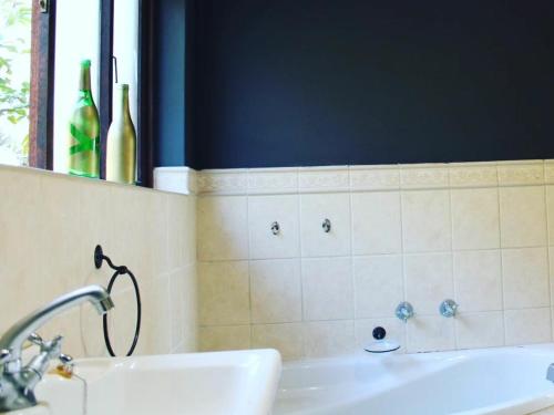 a bathroom with a white sink and a blue wall at Patogeng Self Catering - Da Gama Dam view in White River
