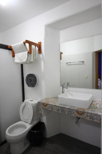 y baño con aseo blanco y lavamanos. en Hotel Anua Oaxaca, en Oaxaca City