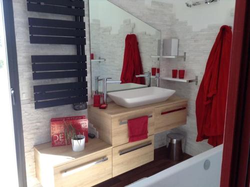 une salle de bain avec un lavabo et un miroir dans l'établissement VILLA GRAND STANDING SPA PISCINE, au Cap d'Agde