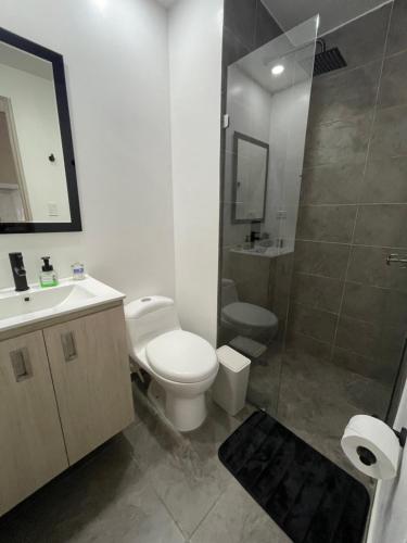 y baño con aseo, lavabo y ducha. en Hermoso apartamento con terraza, excelente ubicación cerca al centro de la ciudad, en Bogotá