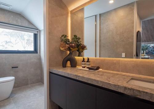 a bathroom with a sink and a toilet and a mirror at Snow Gum in Mount Hotham