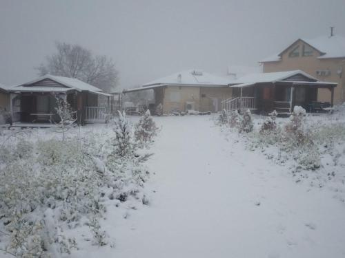 un patio cubierto de nieve frente a las casas en Orr Halevana, en Bruchim Qela' Alon