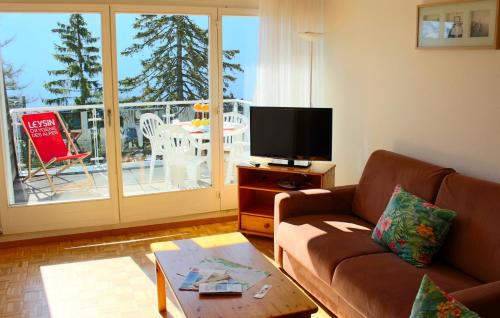 a living room with a couch and a tv and a balcony at Résidences du Chamossaire in Leysin