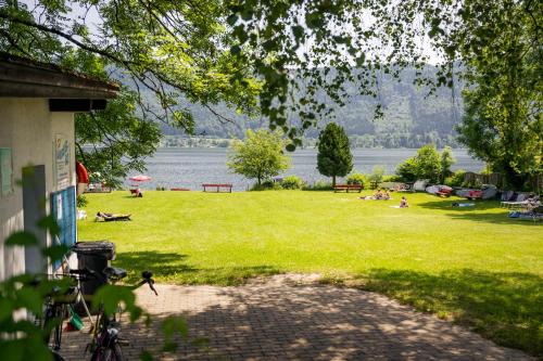a park with people laying on the grass and a body of water at Wohnung Seeblick in Sattendorf