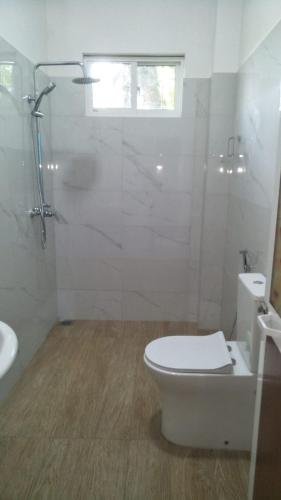 y baño blanco con aseo y ducha. en Sandaru Hotel & Homestay, en Katugastota