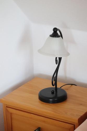 a black lamp sitting on top of a dresser at Hájenka hraběte Buquoye in Kaplice